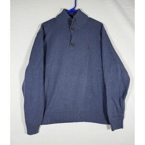 VTG Polo Ralph Lauren Henley Sweater Mens XL Blue Button 1/4 Cotton Preppy Knit